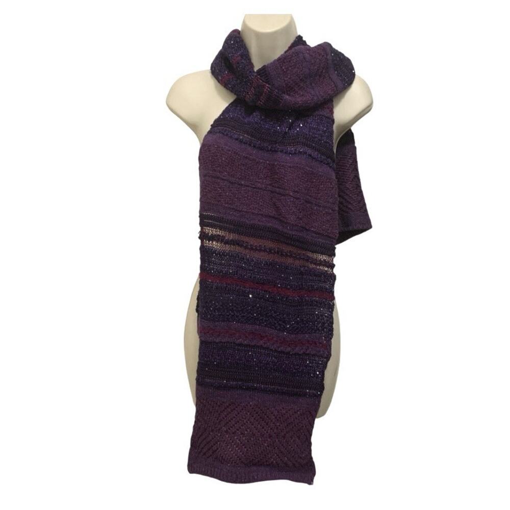 Lauren Ralph Lauren Purple Knit Scarf 76” Textured Sequins Wool Blend